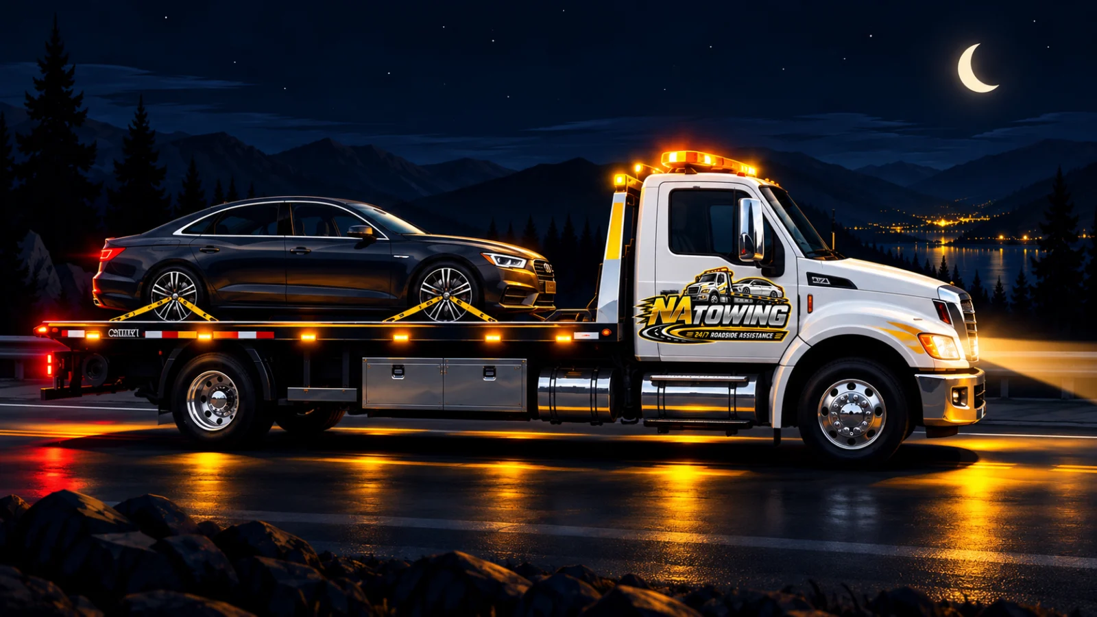 NA Towing flatbed tow truck carrying a car at night in Nova Scotia